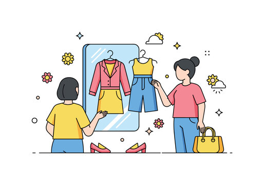 Spring wardrobe refresh person comparing two colorful outfits in front of a mirror while small flower icons suggest the arrival of warmer weather. Friendly
