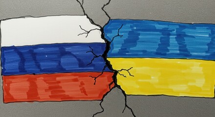 Fototapeta premium Russia-Ukraine Conflict: A symbolic illustration depicting the division and conflict between Russia and Ukraine, represented by their respective national flags cracking apart.