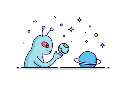Extraterrestrial life concept a strange but friendly alien with antennae examining a tiny planet while cosmic sparkles float around, symbolizing curiosity
