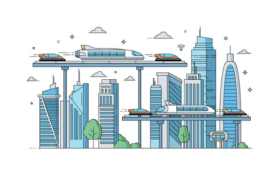 Flying vehicle transport network in a futuristic city with streamlined hover cars moving along elevated air lanes between modern skyscrapers. The scene conveys