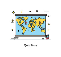 Naklejka premium Interactive map quiz in classroom illustrated by a wall map with small marker pins placed on different regions. A subtle ?Quiz Time? caption and tiny