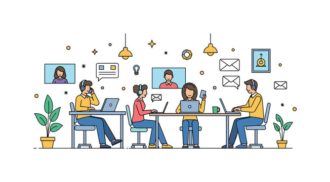 Remote professionals juggling video calls and emails on laptops in a modern co-working space, showcasing adaptability, focus, and multitasking in dynamic