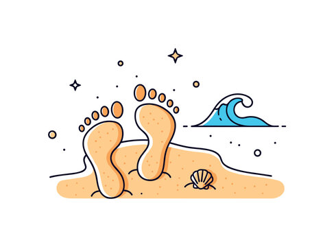 Footsteps by the ocean a pair of footprints impressed into soft sand near a minimal wave symbol and tiny shell, capturing the calm rhythm of walking along the