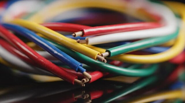 A closeup view of a tangled bundle of colorful wires with exposed copper ends on a reflective surface
