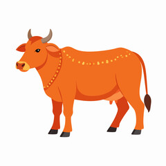 Fototapeta premium Vibrant orange cow illustration facing left on a clean white backdrop, showcasing serene demeanor, bright yellow spots, and bold cartoon style from a frontal viewpoint
