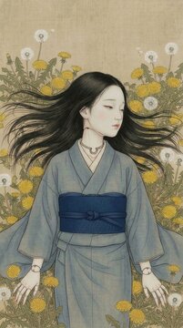 Japanese bjd doll in blue kimono lying in dandelion and fluff field, Nihonga style.
