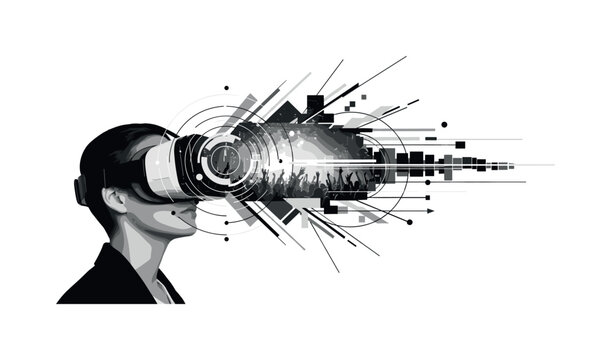 virtual reality concert experience, geometric circles lines and abstract blocks symbolizing immersion and technology, black and white retro realistic VR
