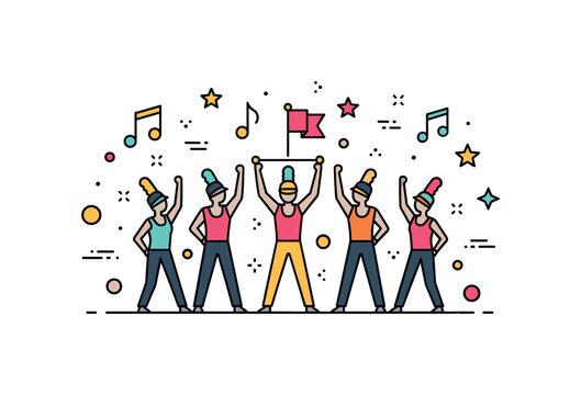 Parade marching dance group represented by synchronized silhouettes with small flag and music note accents to emphasize coordination and public festivity. The