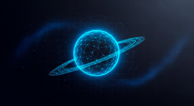 Stunning 3D render of a futuristic planet with luminous blue rings and starry cosmic background, evoking sci-fi themes.