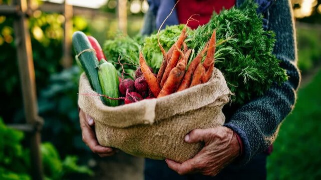 Farmer holding fresh organic vegetables in burlap sack at garden highlighting sustainable agriculture healthy lifestyle and local harvest abundance