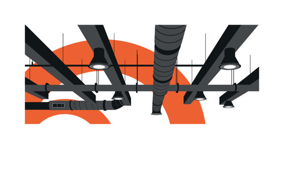 Black and white exposed ceiling beams and ductwork arranged rhythmically, bold geometric arcs softening the rigid structure, flat palette of black, white, deep