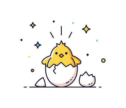 Spring chick hatching moment featuring a fluffy chick popping out of a cracked egg while tiny stars suggest excitement and new beginnings. The playful scene