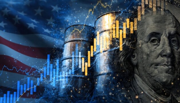 Abstract digital collage of a financial stock market graph overlaying an American flag, metallic oil barrels, and a US dollar bill. Concept of US economy, oil prices, and financial volatility.