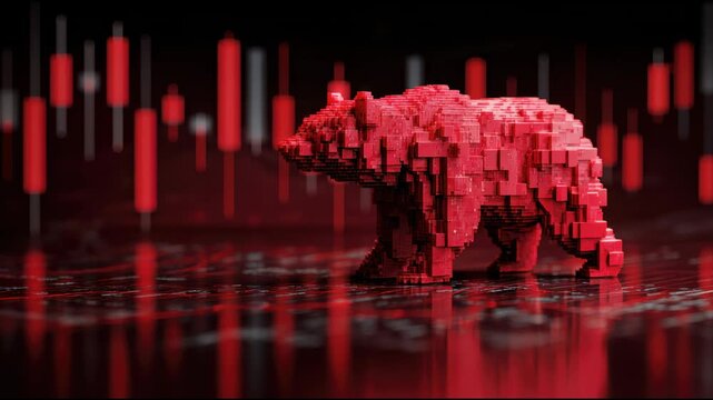 red bear made from cubes on a stock market background