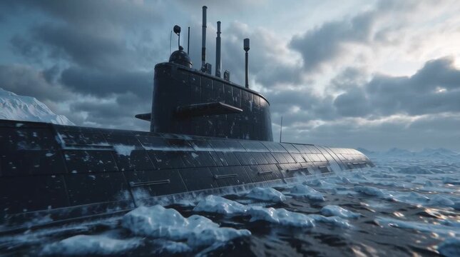 Realistic cinematic 3D animation stealth submarine surfacing Arctic Ocean, breaking thick ice, turbulent water splashes, cloudy sky reflections water, cold cinematic color grading, dynamic angles