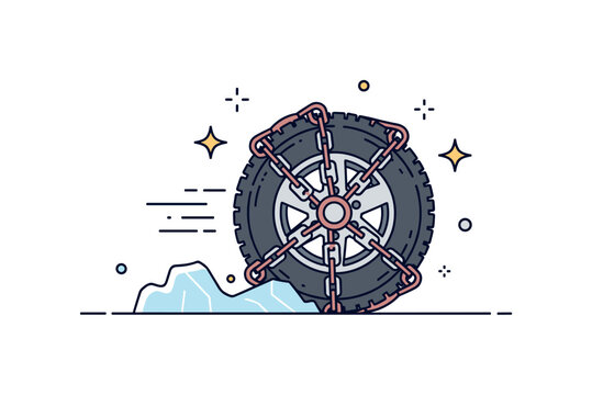 Icy road traction tire with snow chains gripping a slick icy patch while tiny motion stars highlight stability and control. Visual metaphor of reliable vehicle