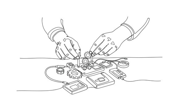 STEM Learning Kit. Minimalistic one-line drawing hands assembling a science or robotics kit for interactive learning, continuous single black line on white