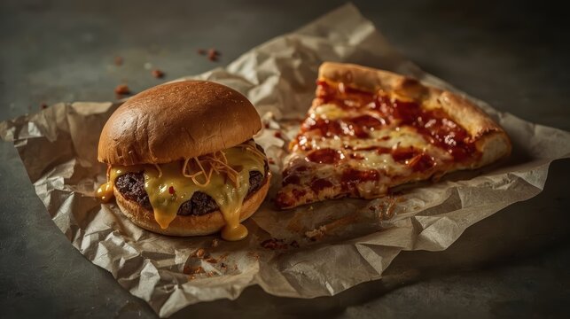Delicious cheeseburger and pizza slice on crumpled paper savory fast food combination