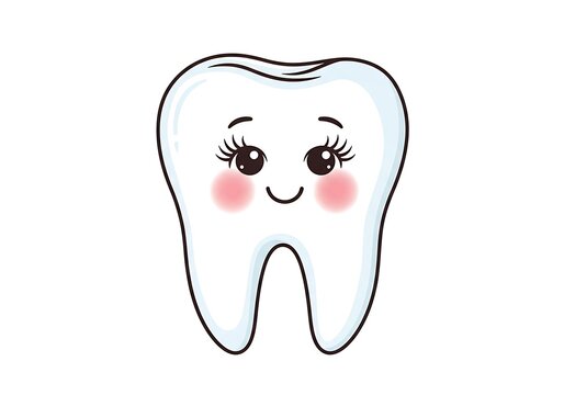 A cartoon tooth with a smiling face and rosy cheeks
