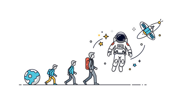 Journey from Earth to stars human silhouettes evolving step by step toward a modern astronaut floating near a small orbital station. Visual metaphor of