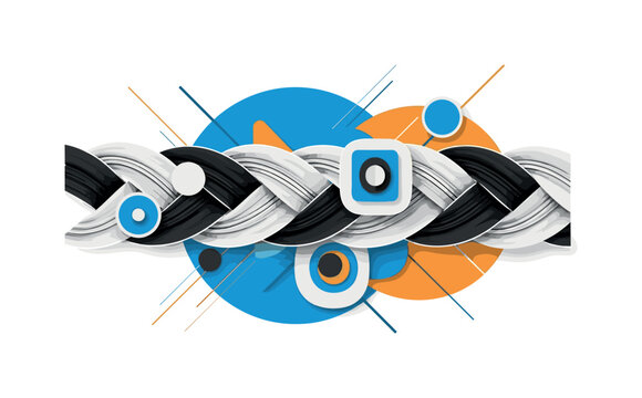 A monochrome braid morphing into abstract geometric patterns resembling interlocking blocks and circles, bold halo shape behind the composition, thin diagonal