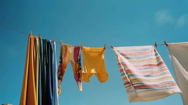 Laundry drying on clothesline beneath clear blue sky fluttering in sunlight evoking simplicity routine and fresh domestic atmosphere outdoors