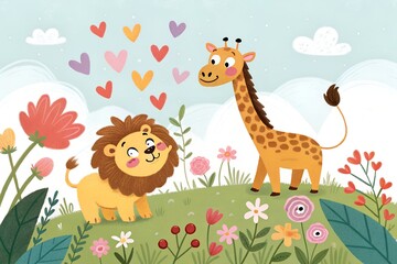 Naklejka premium Charming illustration of a friendly cartoon lion and a smiling giraffe on a vibrant green hill, surrounded by colorful flowers, with many hearts floating in the blue sky, symbolizing friendship.