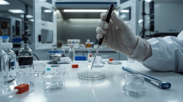 Scientist's gloved hand holds pipette over petri dish in modern laboratory setting with various equipment
