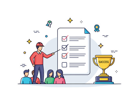 Project success leadership illustrated with a project manager guiding a team toward a completed checklist and a small trophy labeled ?Success?. The composition