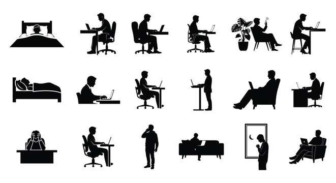 Collection of human silhouettes depicting everyday life, work, relaxation and stress