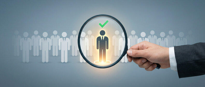 Hand holding a magnifying glass highlights a single business candidate among a line of figures, illustrating recruitment, hiring, talent selection, leadership and standing out in the job market.