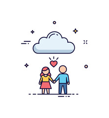Fototapeta premium Couple resilience concept featuring two small figures holding hands while standing beneath a cloud with a tiny heart shining above it. Warm visual metaphor of