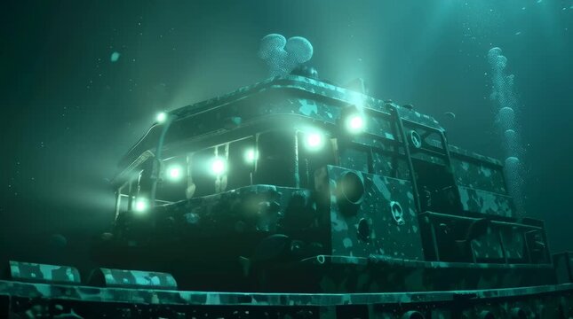 Autonomous military underwater drone inspecting sunken warship, deep ocean scene, bioluminescent fish murky water, drone lights scanning rusted hull hidden compartments, cinematic eerie lighting