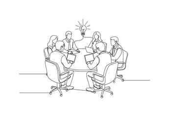 Obraz premium Office Idea Collaboration. Minimalistic one-line drawing team seated around meeting table working on shared ideas, continuous single black line on white