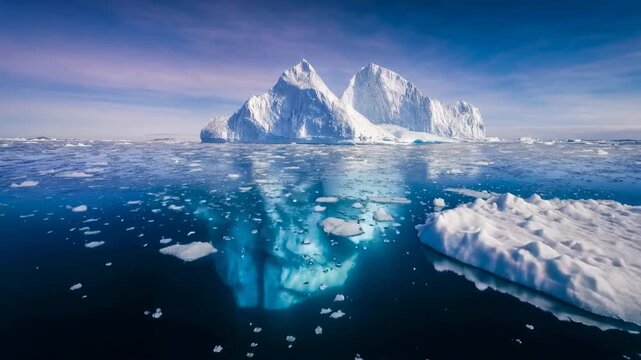 Floating iceberg above and below ocean surface revealing hidden mass beneath water symbolizing climate change fragility and global warming impact