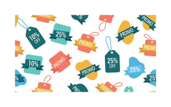 promo tags and labels seamless pattern, repeating pattern, surface design, textile print, soft color palette, modern illustration, flat vector promo tags with