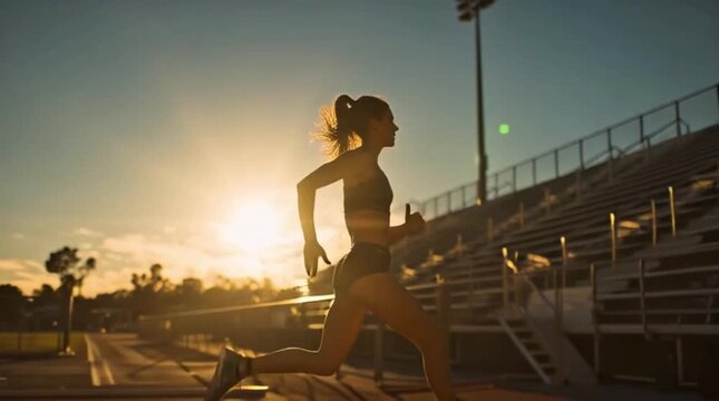 Female Athlete Jumping Hurdles on Track at Sunset