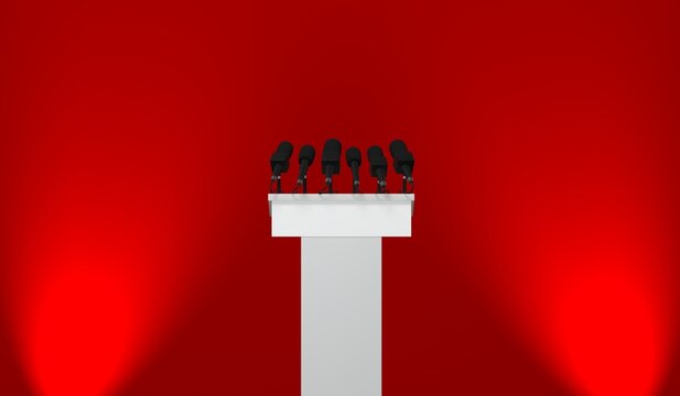 3D white Podium with Press Microphones on red Background