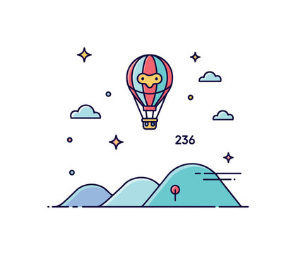Mini balloon hill adventure playful little hot air balloon floating above softly rolling hills with subtle decorative clouds and sparkles. Minimalist flat