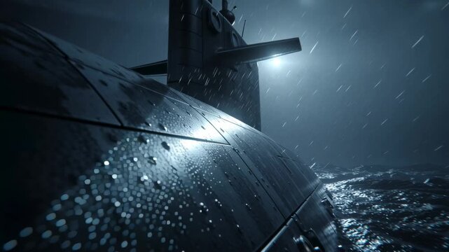 Modern stealth submarine navigating deep ocean, sonar waves glowing dark water, close-up of high-tech control panels reflections, tactical operation atmosphere, dramatic volumetric lighting, realistic