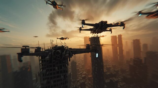 Futuristic military drones flying tight formation ruined urban city sunrise, cinematic aerial tracking shot, dust clouds, abandoned skyscrapers, realistic metallic textures, dynamic lighting, high-res