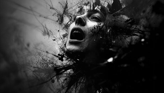 Exploring emotions and struggles with depression through dark imagery and abstract shapes in a close-up view of a face expressing pain and confusion