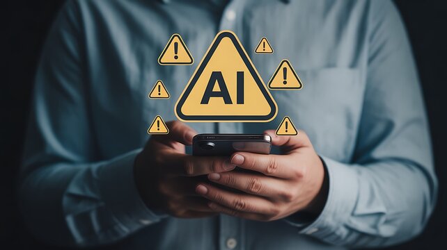 Artificial intelligence warning signs displayed on a smartphone, highlighting potential risks and dangers of AI technology in a dark, moody setting