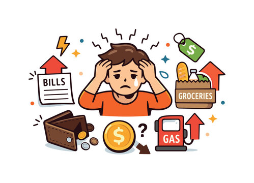 Economic anxiety meme capturing a stressed character surrounded by rising prices and empty wallet symbols, expressing everyday financial worry with relatable