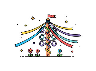 Obraz premium May Day festivities spring celebration scene where a decorated maypole stands in the center with colorful ribbons gently swirling around it while small flowers