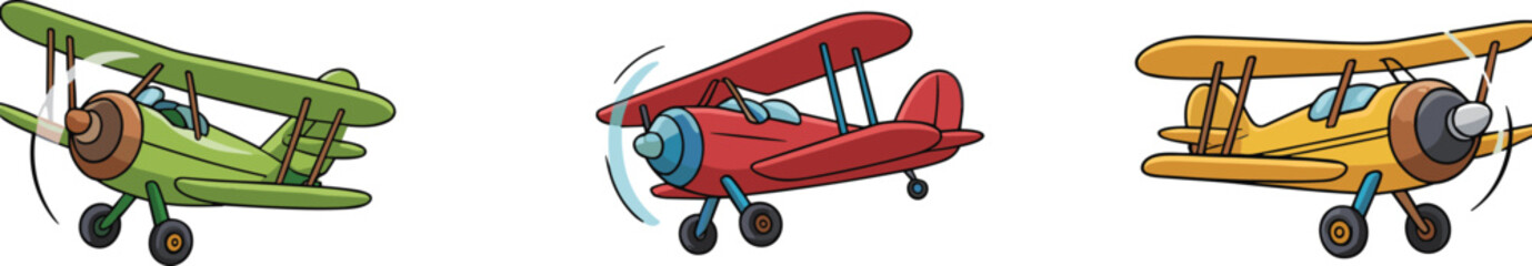 Vintage biplane cartoon set, colorful retro aircraft illustration with propeller planes flying, classic aviation design isolated on white background © MstMonowara