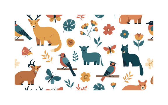 protected endemic wildlife seamless pattern, special animals birds insects and rare flowers symbolizing conservation arranged in a repeating pattern, white