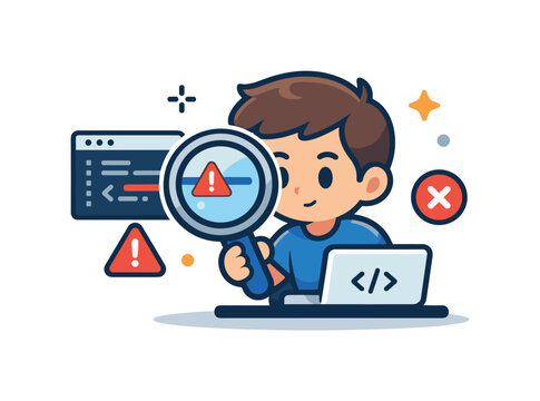 Software developer mini character debugging code with a magnifying glass icon and small error symbols, communicating concentration, problem fixing, and