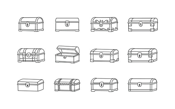 Vintage Treasure Box Icons. Minimalistic set one-line drawing pirate treasure chest, wooden box with keyhole, antique memory box, rustic dowry chest, engraved
