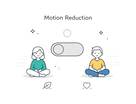 Motion reduction option. An animation toggle turned off with gentle motion lines fading away, showing reduced movement for comfort. Calm and reassuring visual